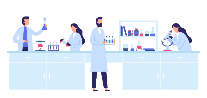 Abstract illustration of researchers in labcoars working in a lab