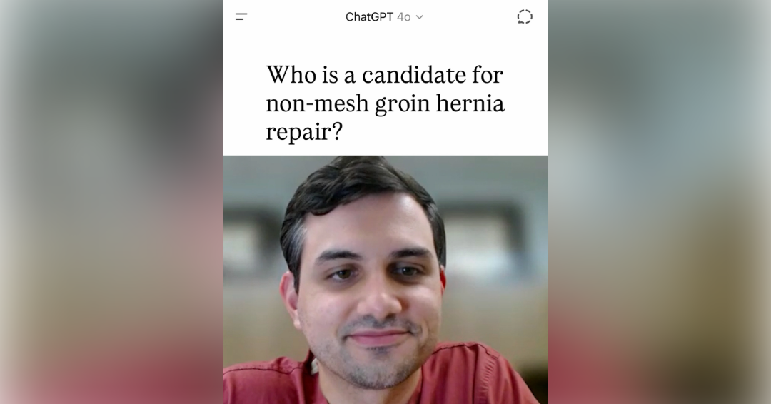 a split screen image of surgeon Dr. Philip George's face and question text over blurred background