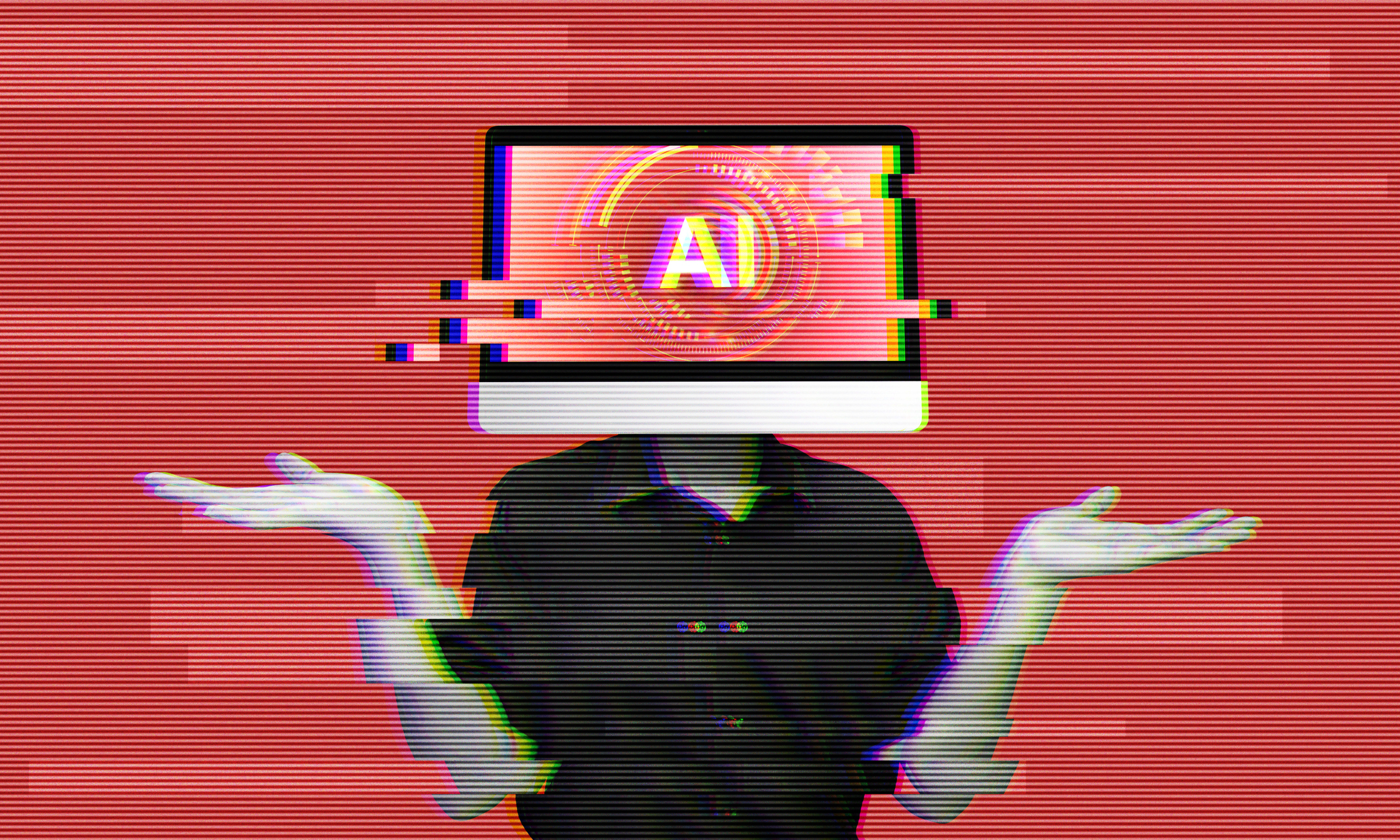 a glitching graphic with computer saying AI
