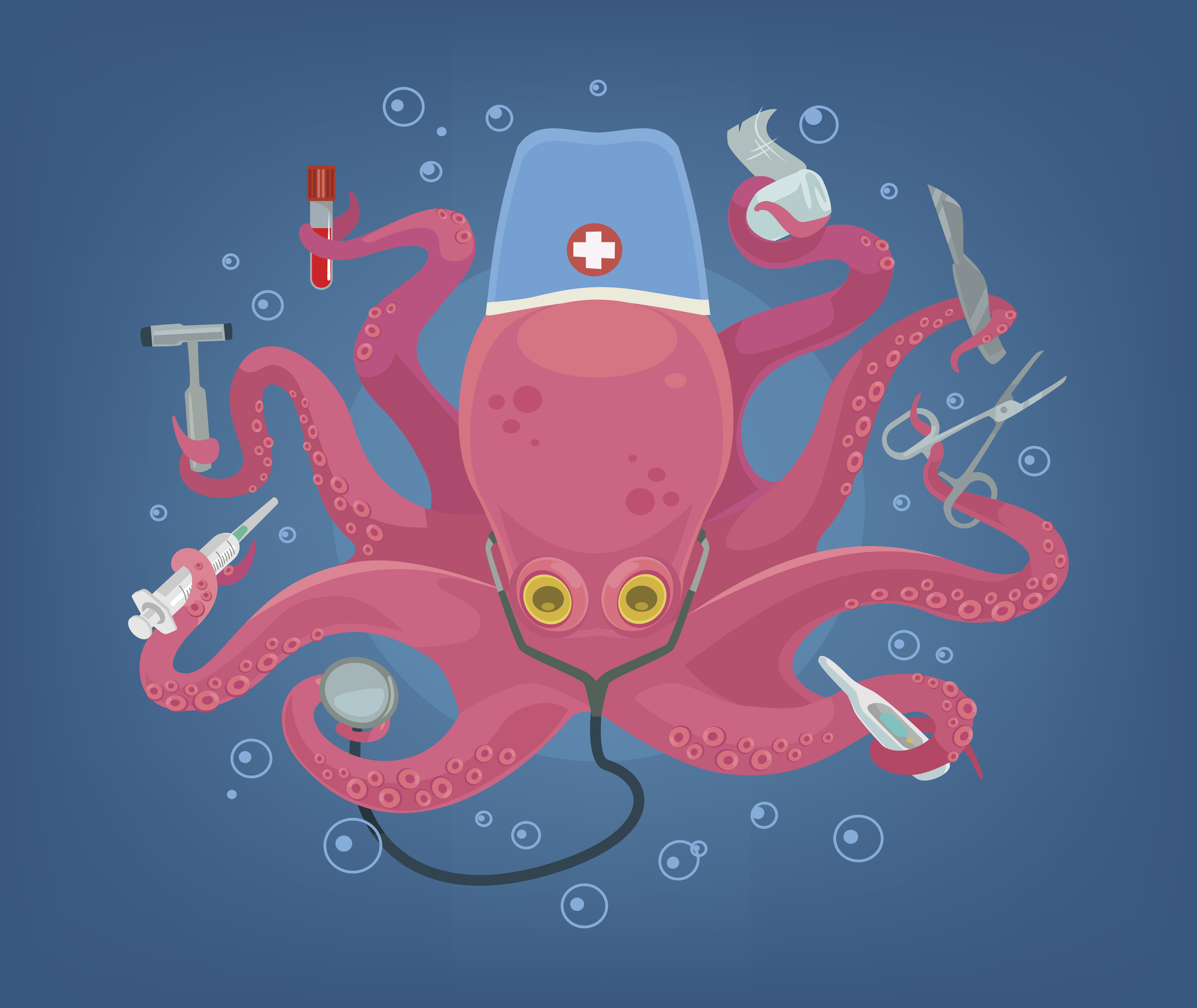 cute octopus character hold medical instruments in his tentacles