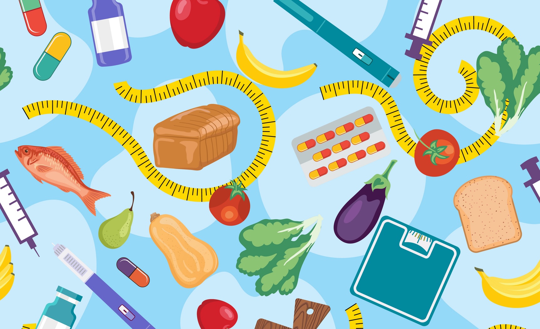 Weight Loss Concept With Semaglutide And Healthy Diet Elements In A Seamless Pattern