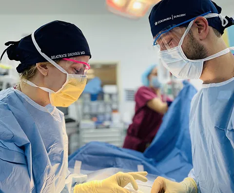 Columbia surgeons Beatrice Dionigi and David Cohen obtain cells from colon cancer patients to create 3D organoids that they study in the laboratory. Photo courtesy of Beatrice Dionigi and David Cohen.