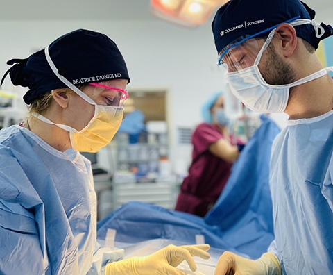 Columbia surgeons Beatrice Dionigi and David Cohen obtain cells from colon cancer patients to create 3D organoids that they study in the laboratory. Photo courtesy of Beatrice Dionigi and David Cohen.