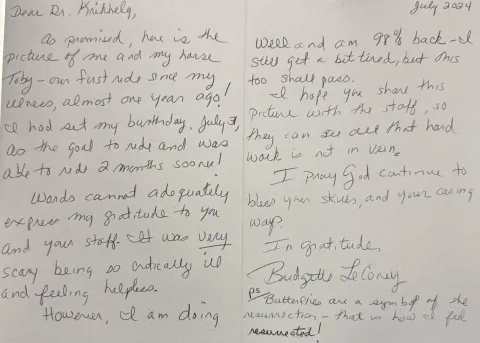 a handwritten card from patient to doctor