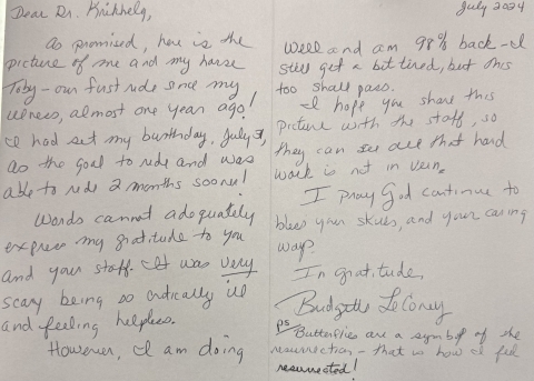 a handwritten card from patient to doctor