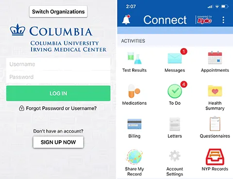 Login screen and home screen of the MyChart App, used by Columbia for video visits. 