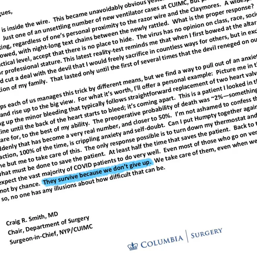 A highlighted portion of text from one of Dr. Craig Smith's updates to his department.