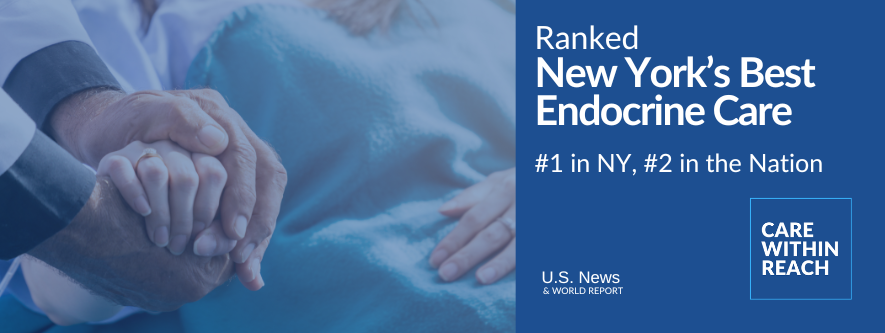 Image of holding hands with text: New York's Best Endocrine Care Banner, US News raked number one in NYC and number two in the nation