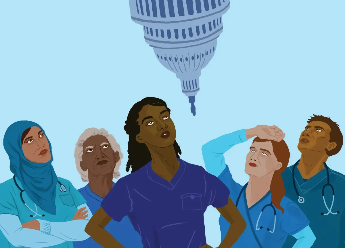 an illustration of healthcare workers staring at an upside down capitol building