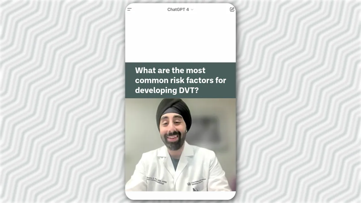 A split screen of ChatGPT with Dr. Sethi over a patterned background