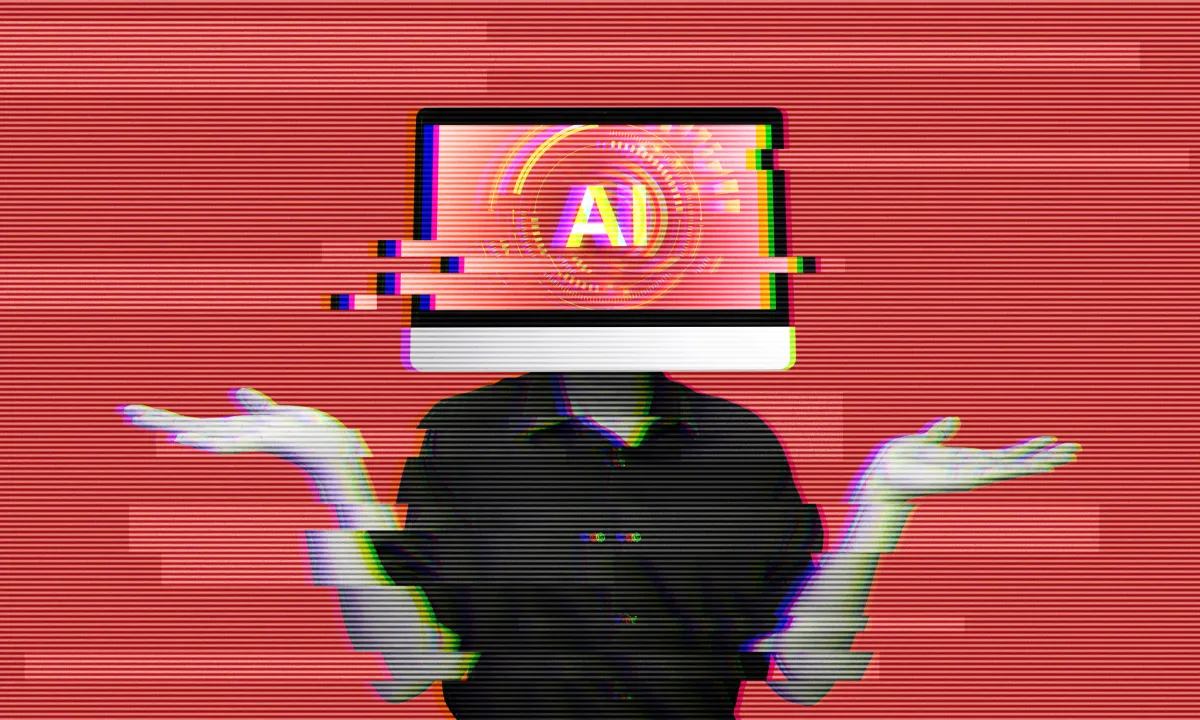a glitching graphic with computer saying AI