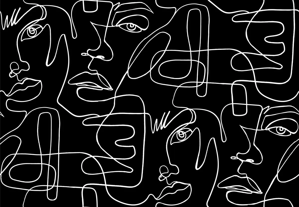 White fine line drawings of face shapes over a black background