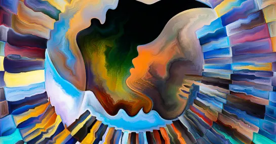 Abstract profiles of a face spins among layers of color.