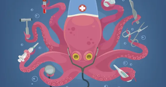 cute octopus character hold medical instruments in his tentacles