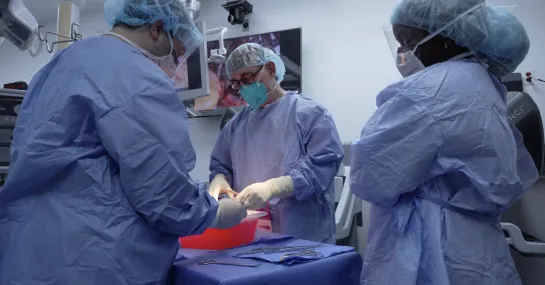 two surgeons prepare a kidney for transplant in the OR