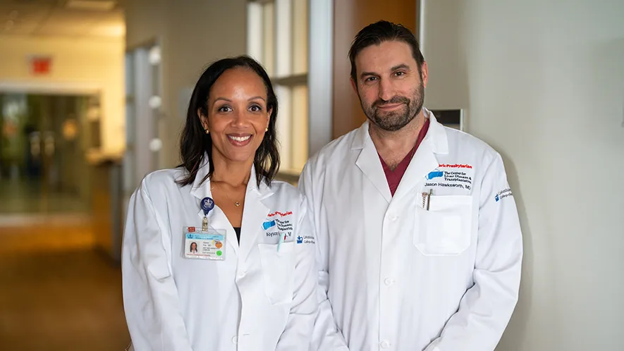 Pictured left to right: Alyson Fox, MD, Medical Director of the Adult Liver Transplant Program and Jason Hawksworth, MD, Surgical Director & Chief of Hepatobiliary Surgery and Director of the Robotic Liver Surgery Program