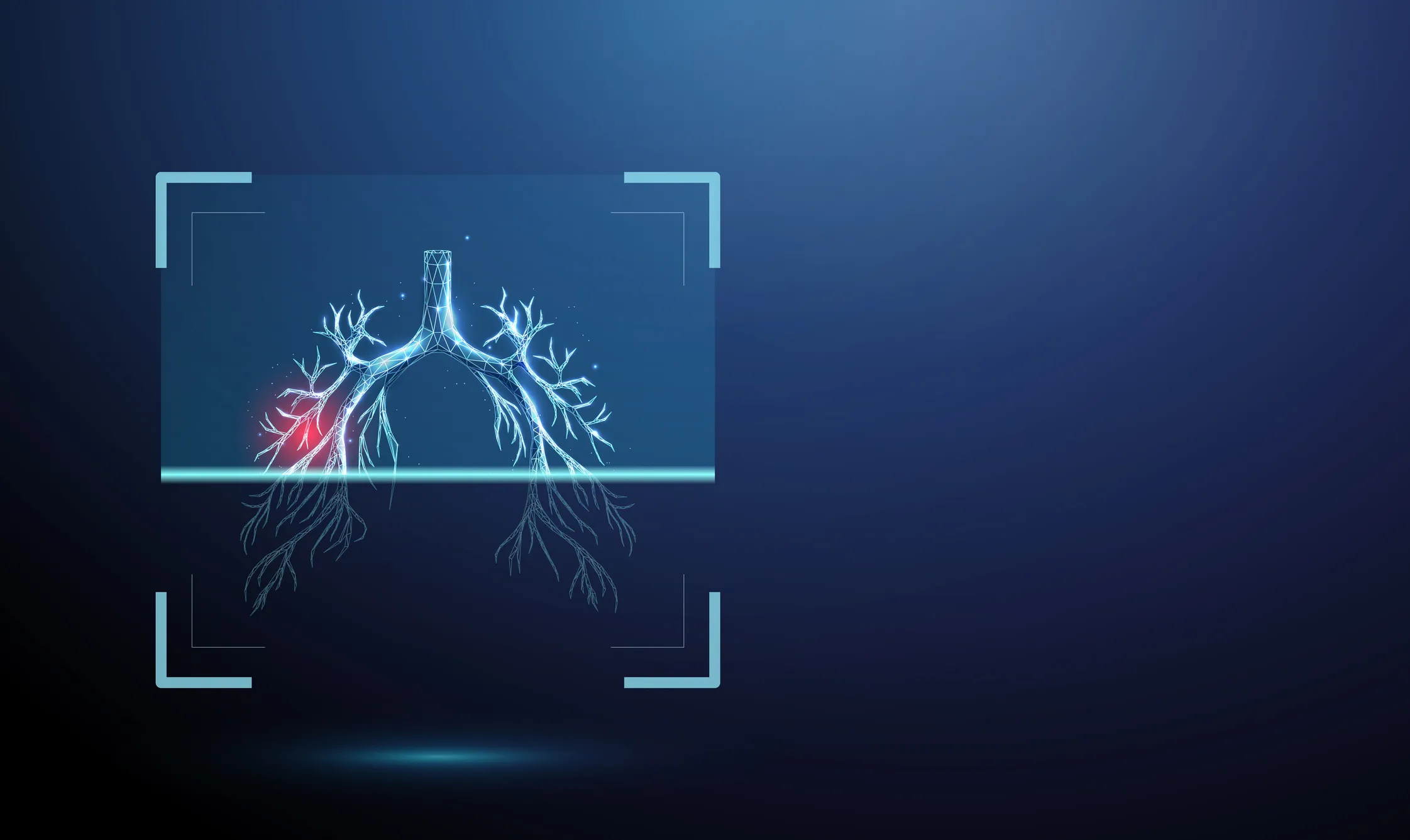  Human lungs inside digital scanning frame with red spot indicating abnormal area
