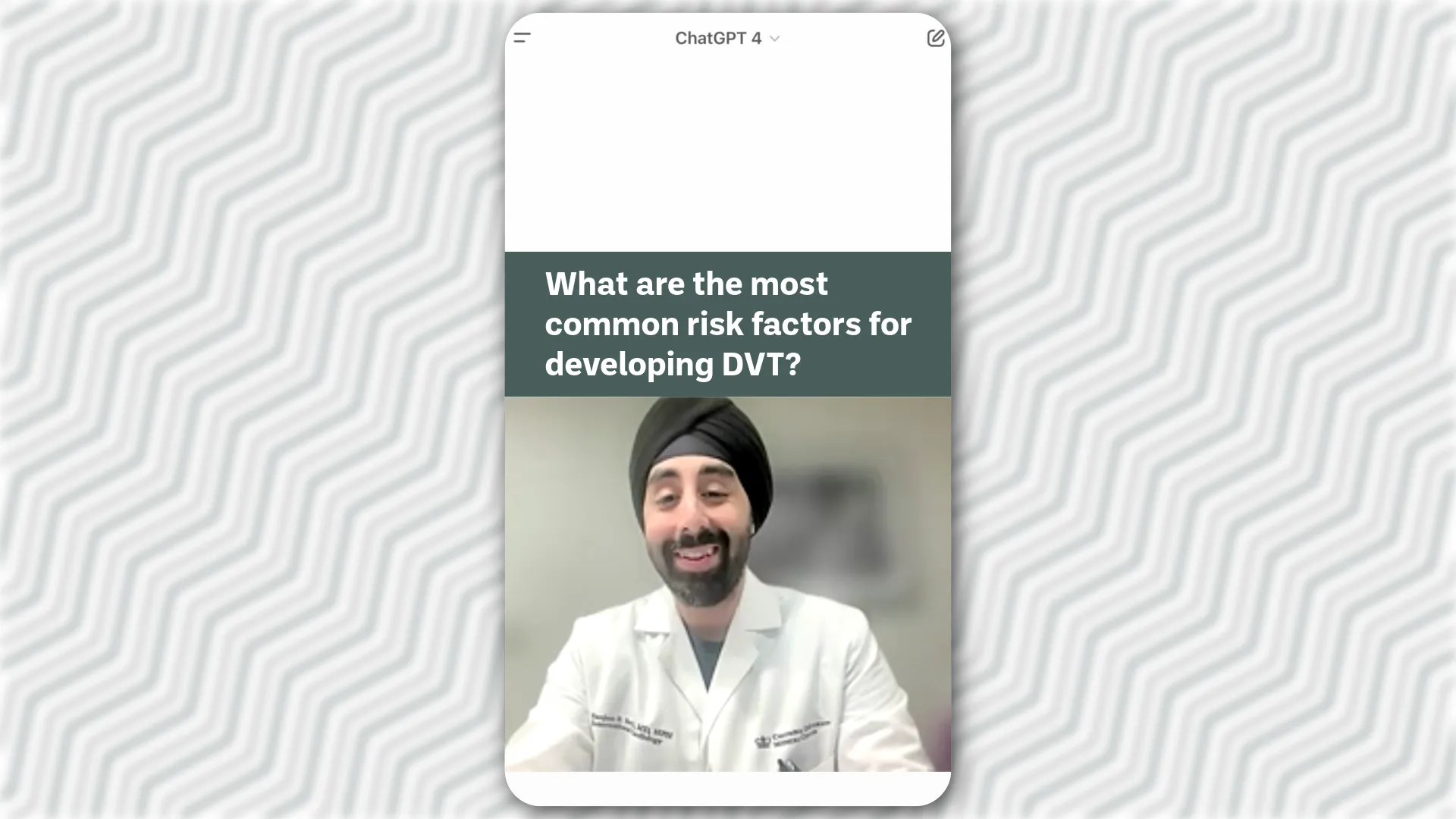 A split screen of ChatGPT with Dr. Sethi over a patterned background