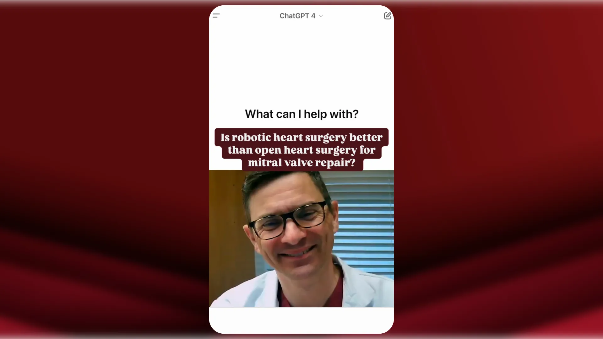 surgeon and chatGPT split screen over a blurred red background