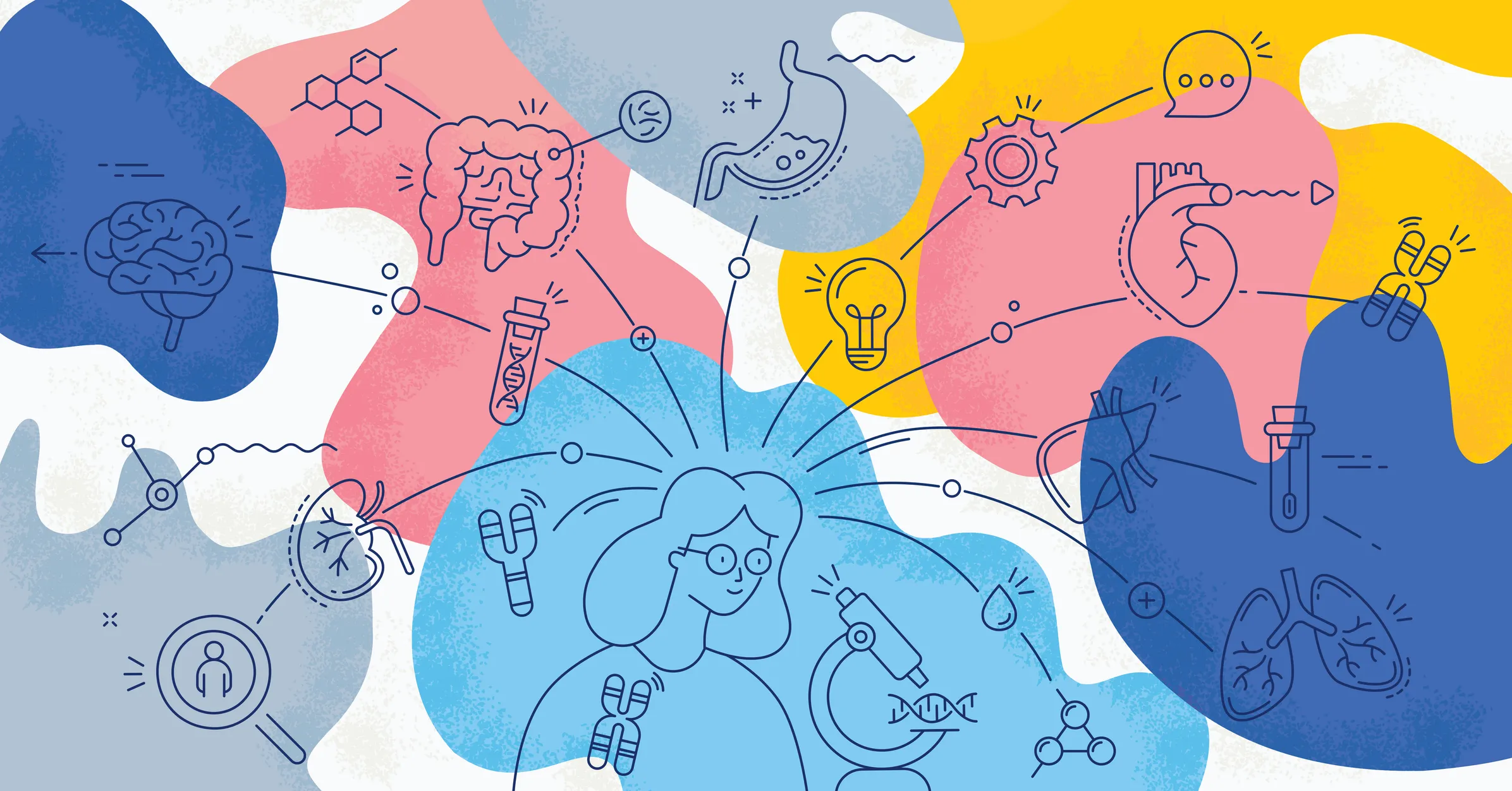 vector illustration with line icons set depicting biotechnology, genetic engineering and medicine placed on abstract organic textured background