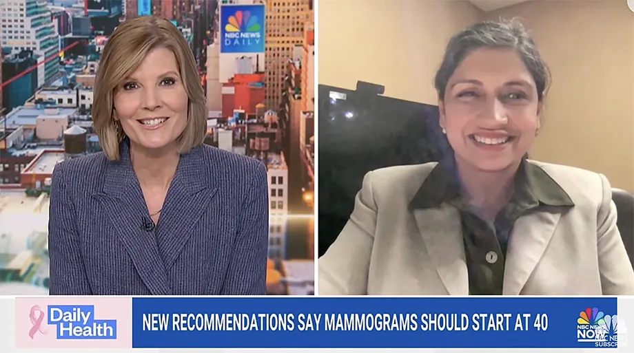 A split screen of NBC News anchor and Dr. Roshni Rao during online live broadcast.
