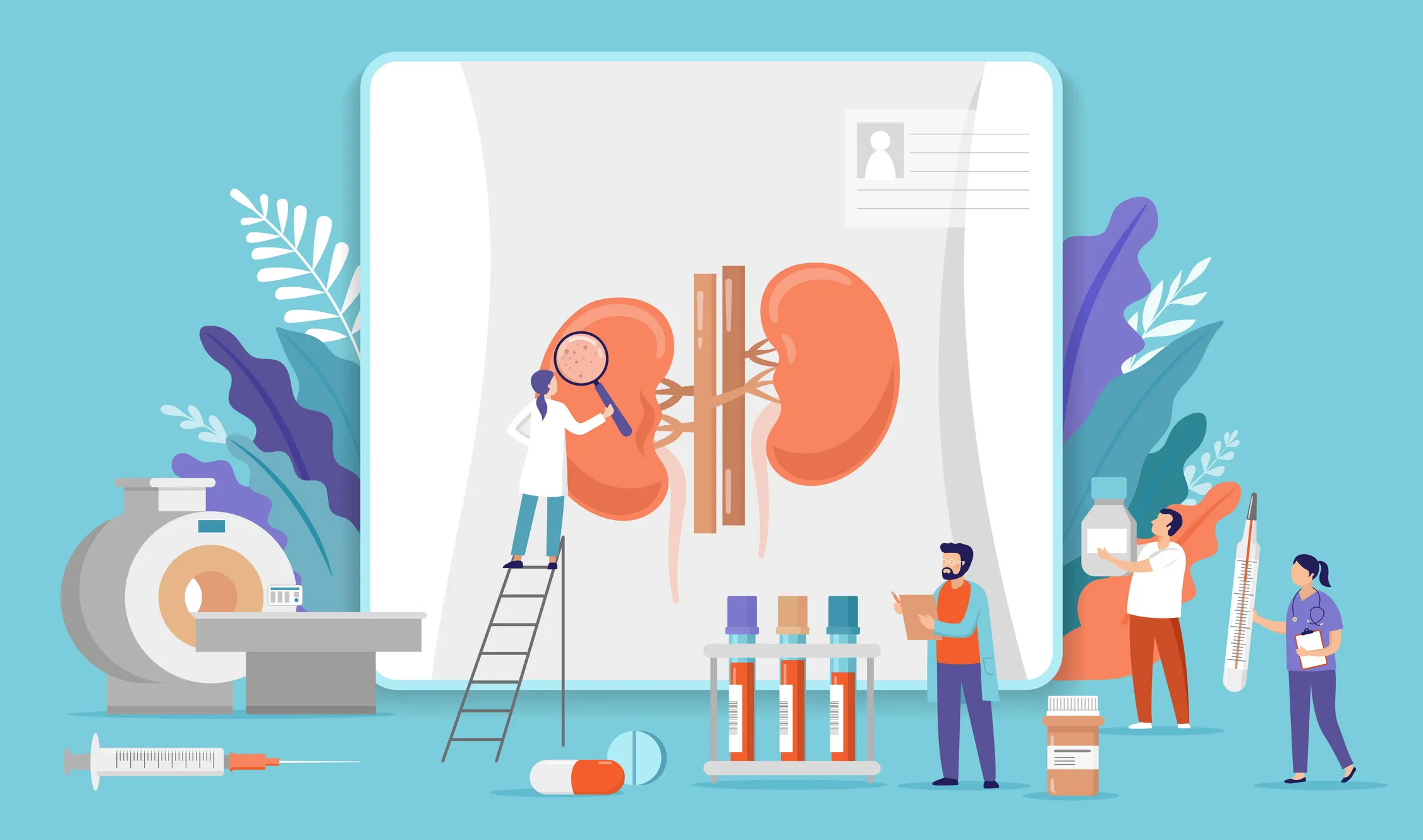 Research scientists. Science laboratory, chemistry scientists and clinical lab. Medical research items, clinical science laboratories experiments. Kidney inspection, concept vector illustration