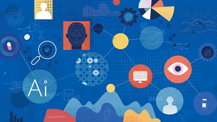 2D illustration depicting concept of machine learning models to search medical data and uncover insights to help improve health outcomes and patient experiences.