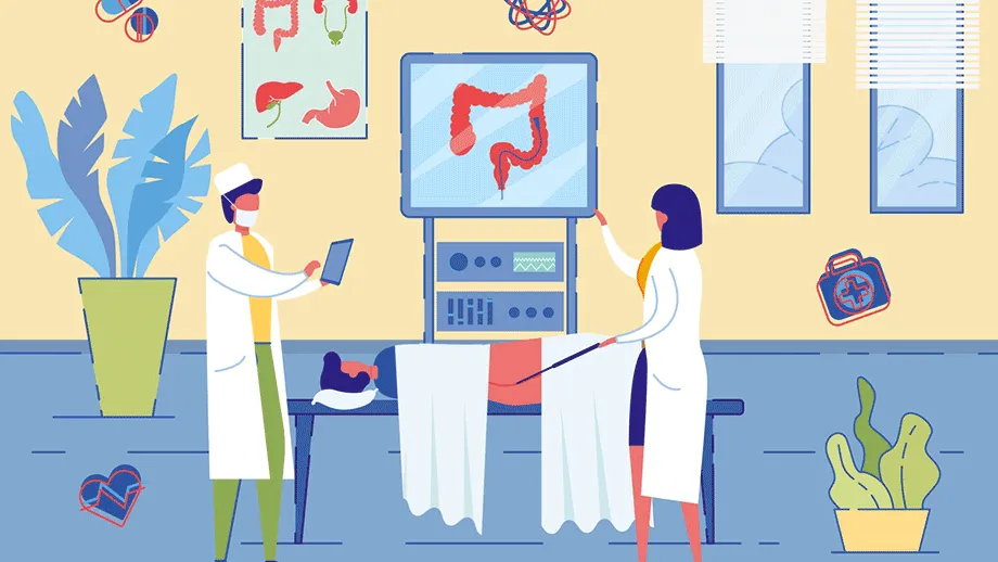 2D illustration of two medical staff performing a colonoscopy on a patient with a screen showing the colon and scope in it.