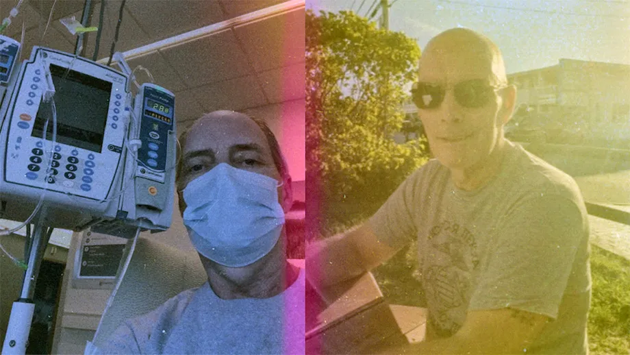 A side by side of Gary Quinlan in the hospital and after recovery.