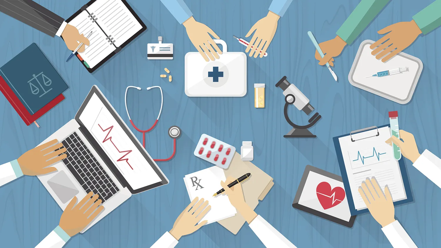 Two dimensional illustration of medical professionals' hands forming a circle as they reach in with medical equipment, computers, and notepads.